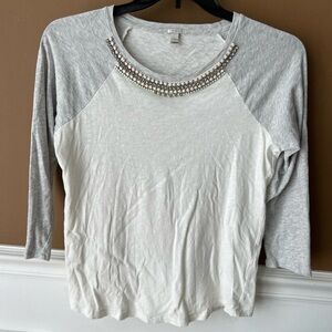 J. Crew Women Gray Embellished 3/4 Sleeve T-Shirt Baseball Rhinestone Size Large